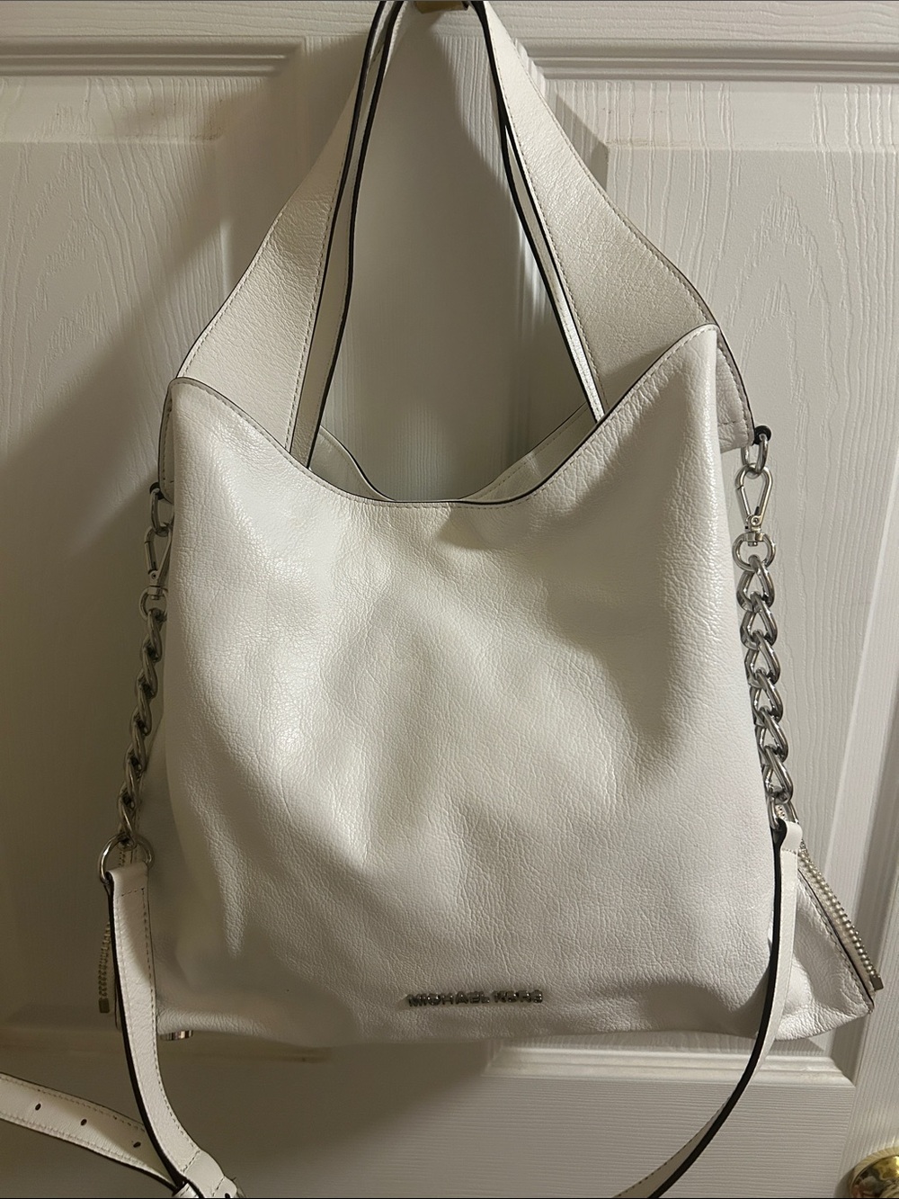 Michael Kors White Leather Hobo with Silver Chain Trim